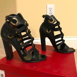 Salvatore Ferragamo Black and Gold Sandal Heels